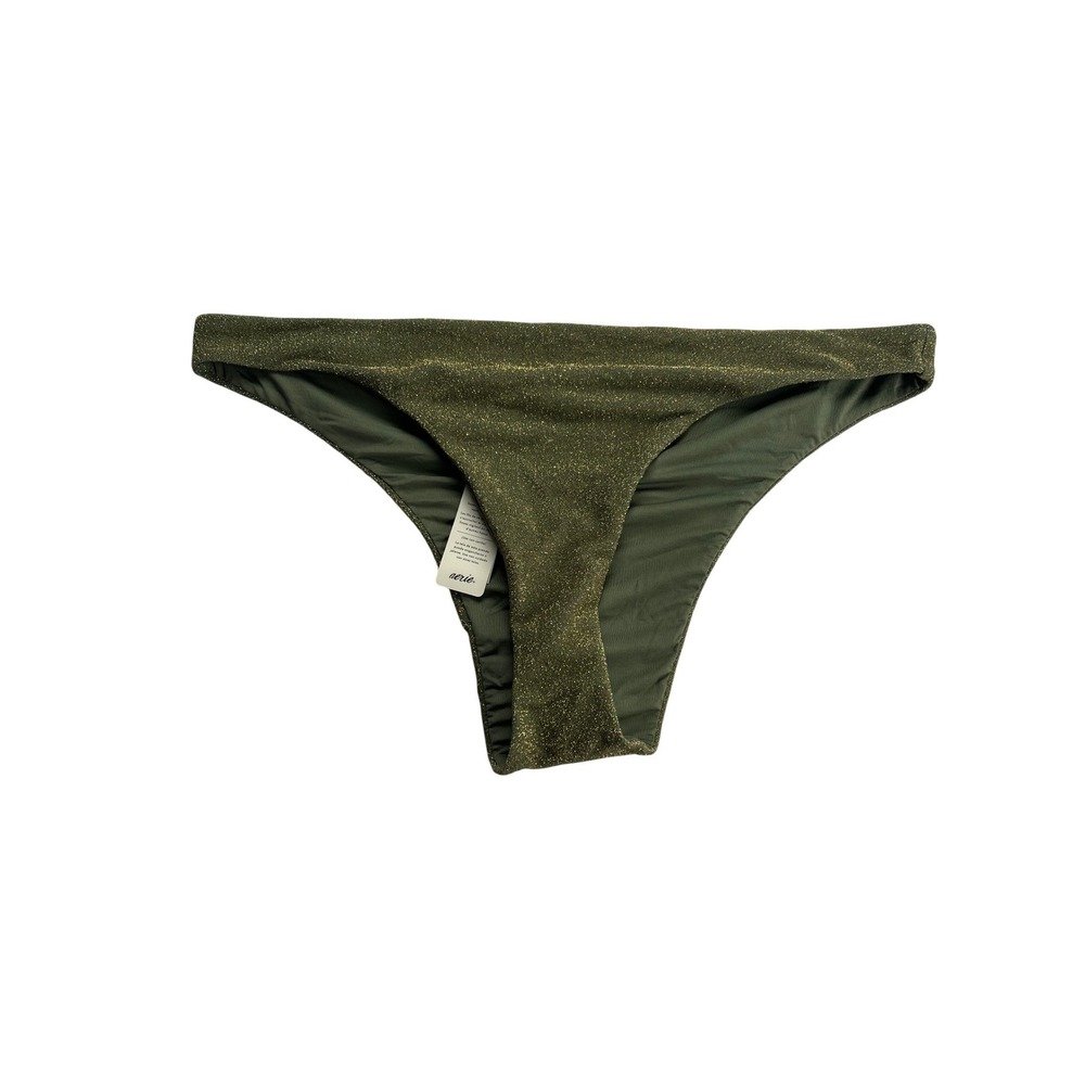 Aerie Real Good Cheeky Bikini Bottom Olive Green Gold Shimmer Festival  XL NWT‎